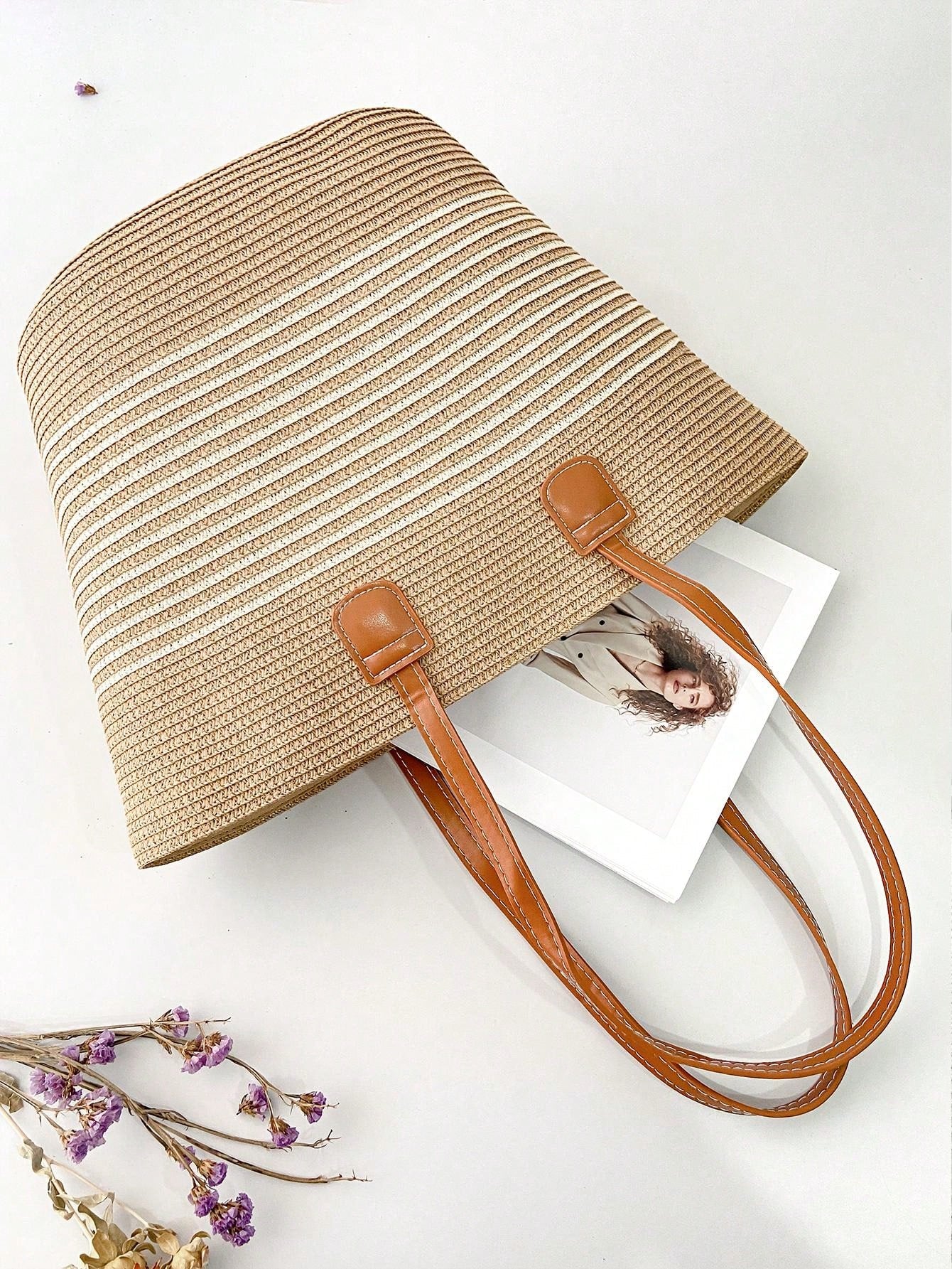 Kit Chapéu de Palha e 1 Bolsa de Palha Conjunto Casual de Férias Praia