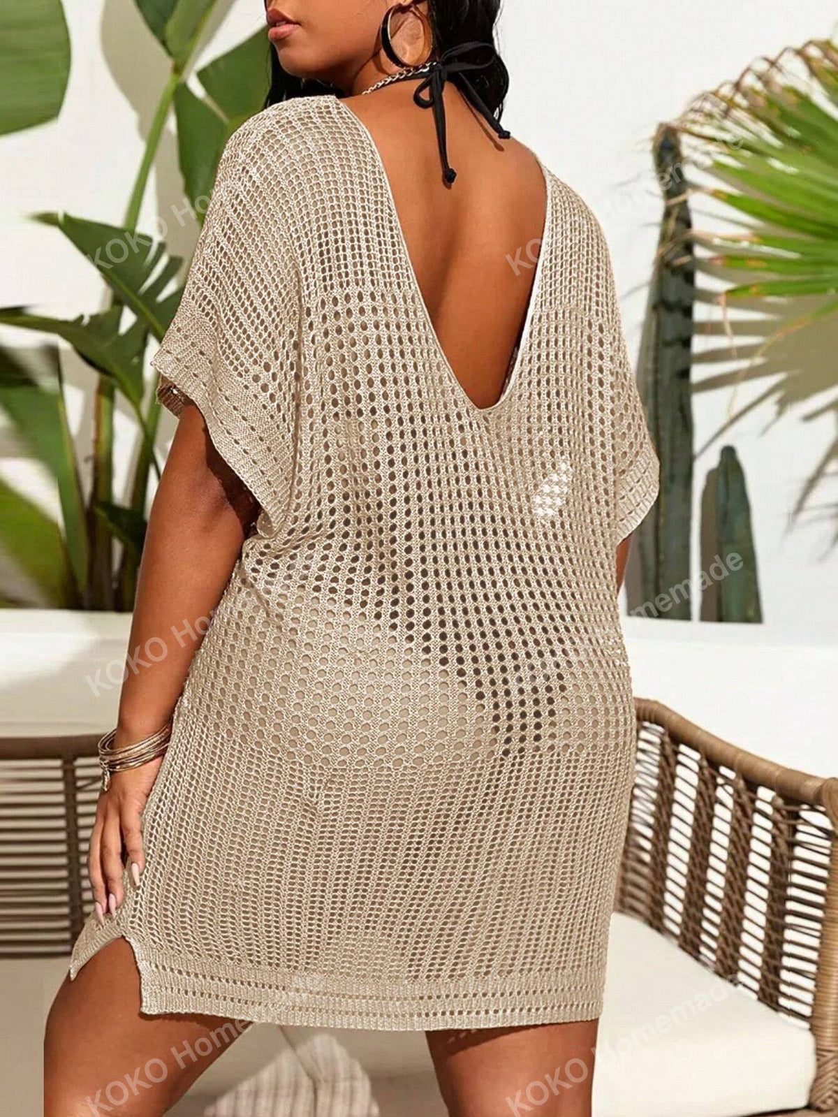 Vestido Vazado de Cobertura para Praia Tricot (Plus Size)
