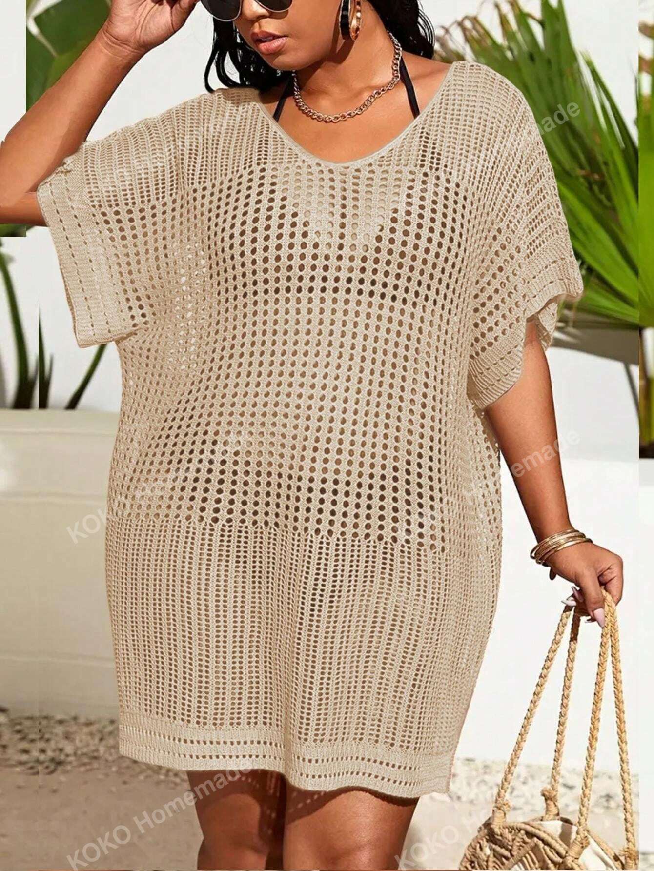 Vestido Vazado de Cobertura para Praia Tricot (Plus Size)