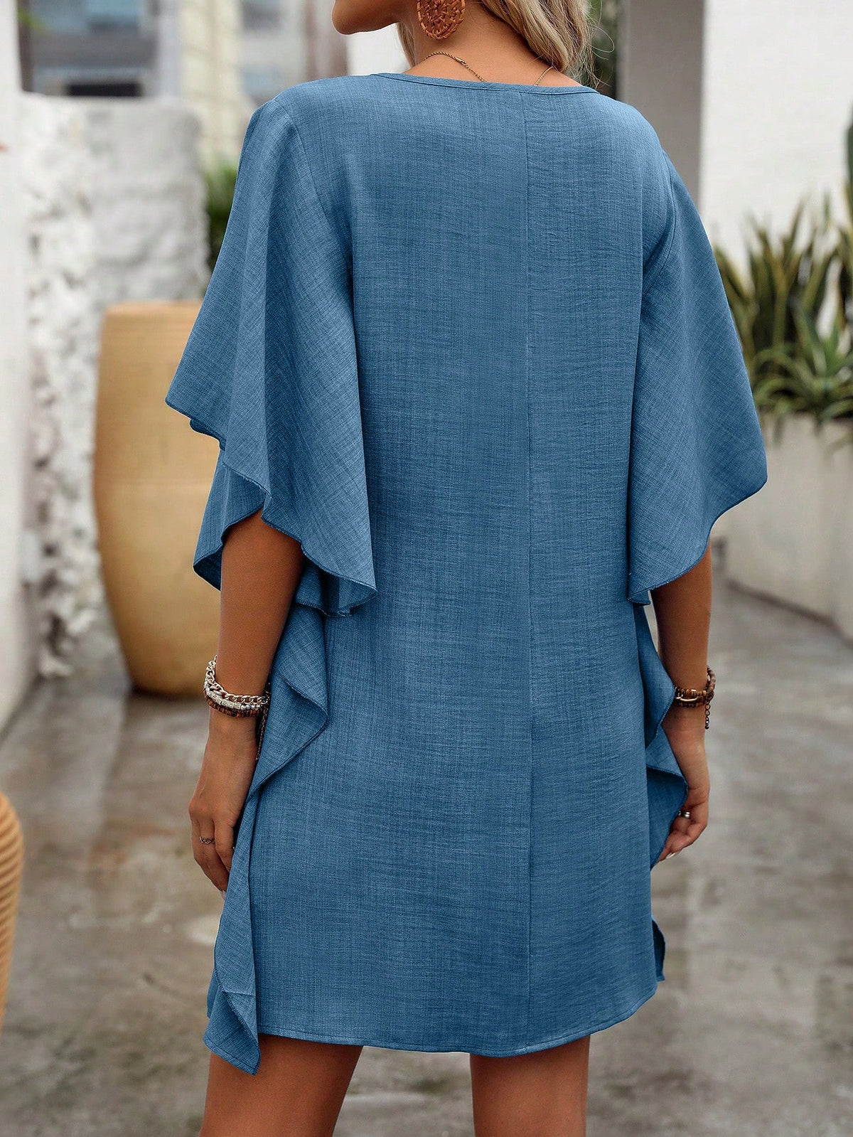 Vestido túnica Azul Manga de Babado