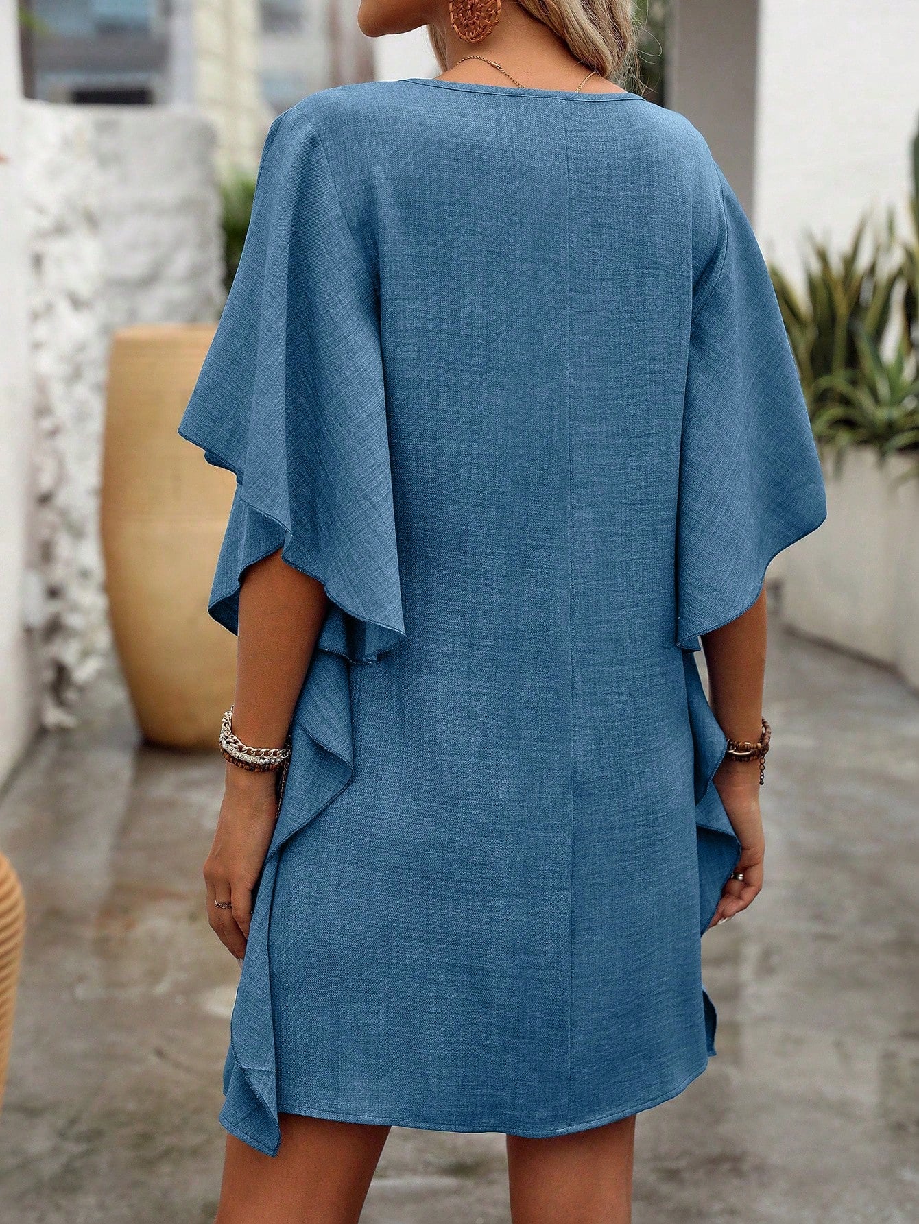 Vestido túnica Azul Manga de Babado