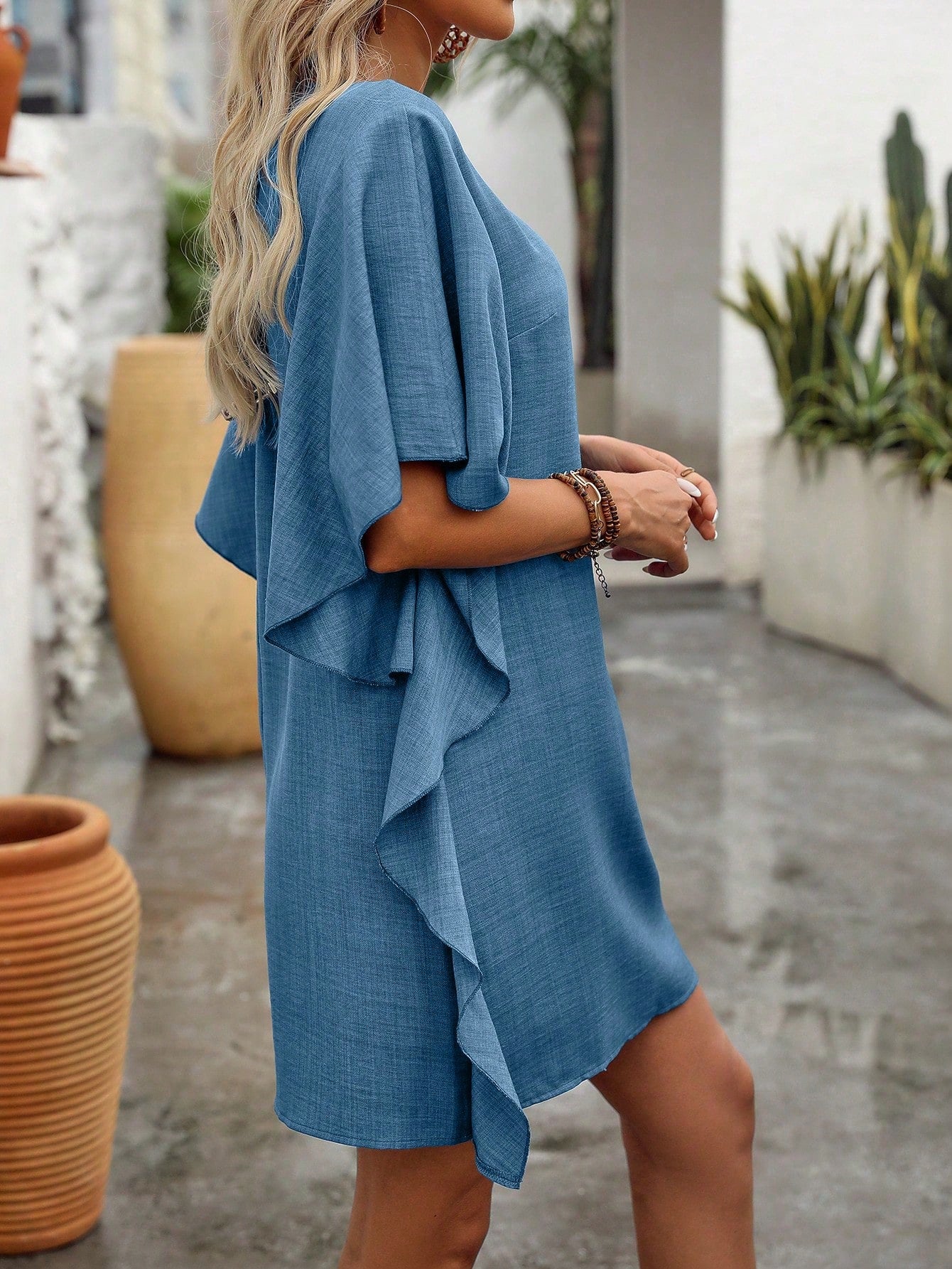 Vestido túnica Azul Manga de Babado