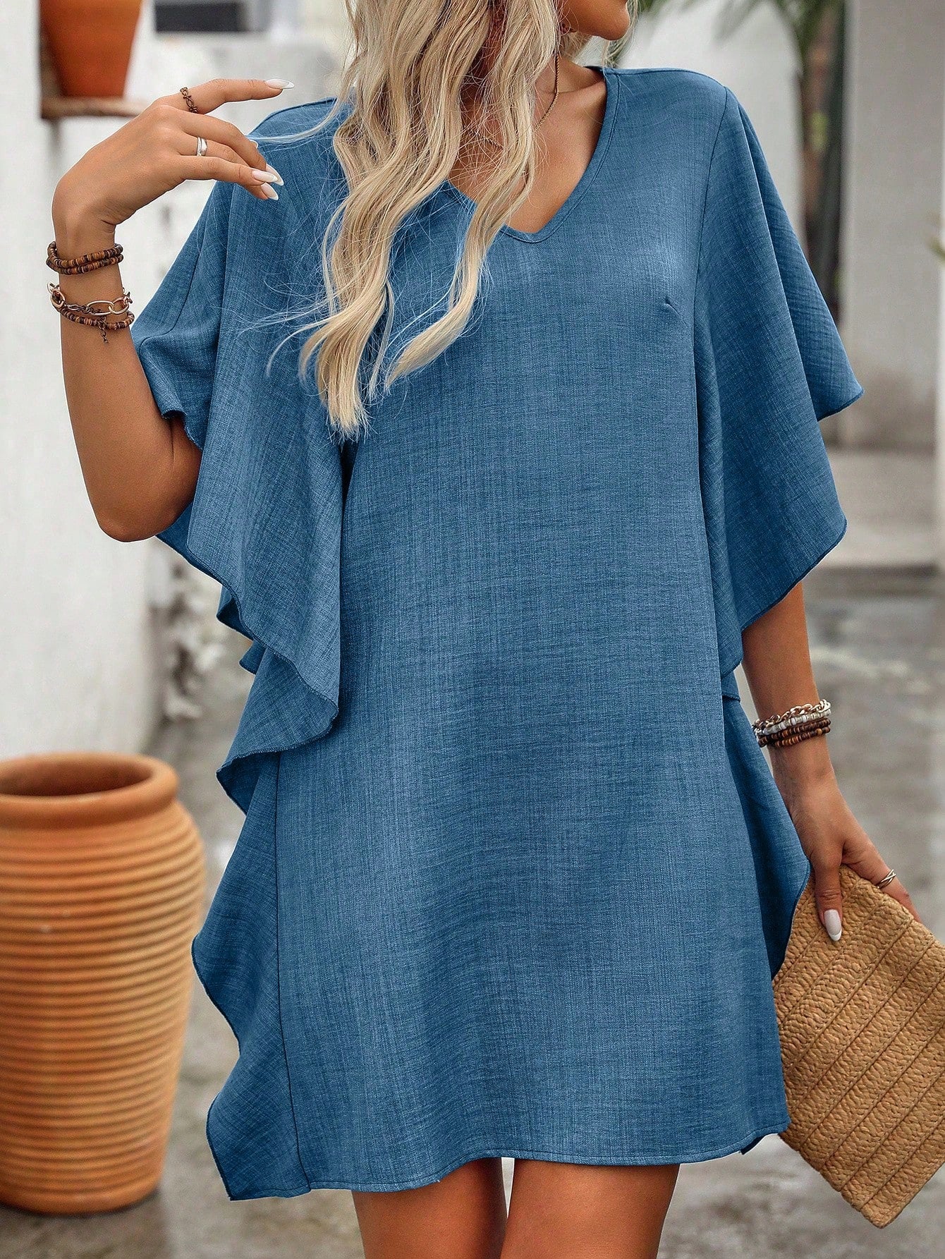 Vestido túnica Azul Manga de Babado
