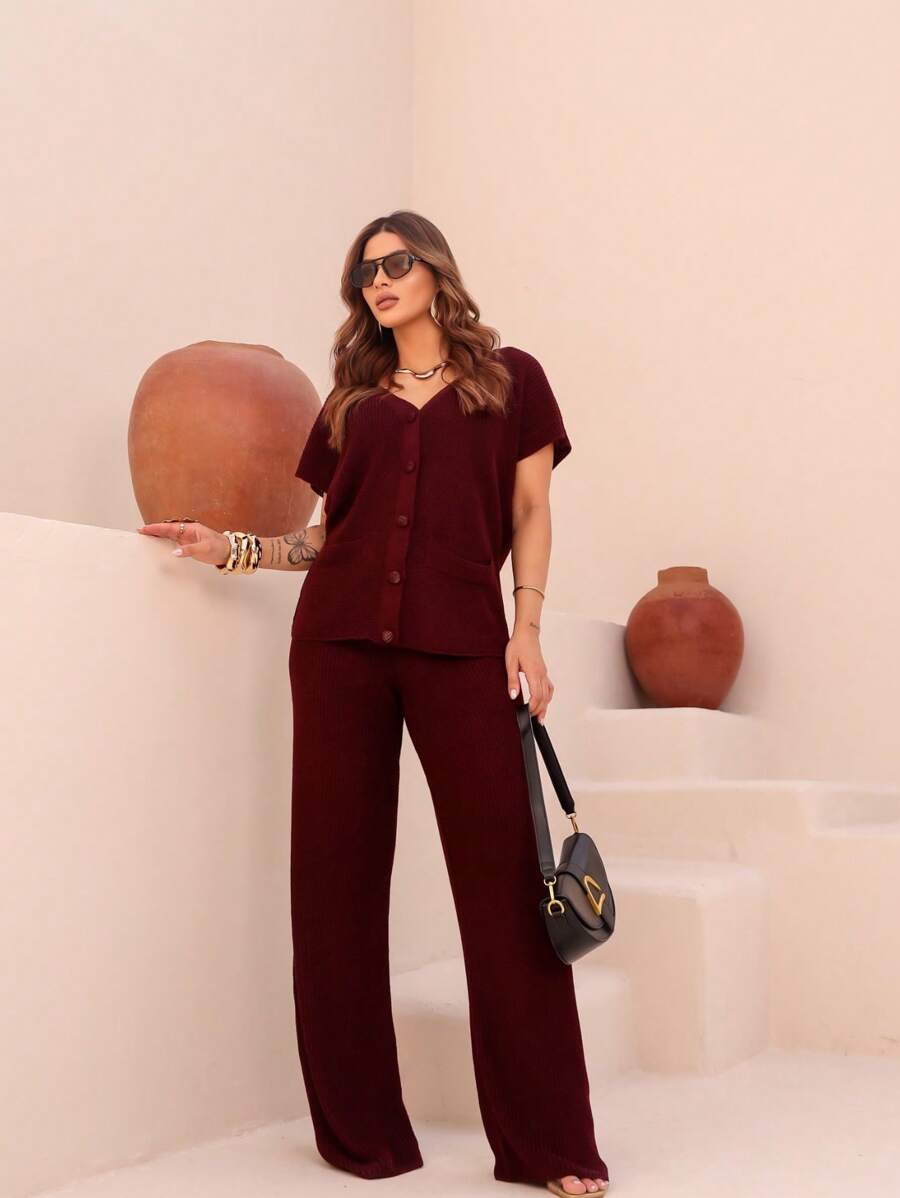 Conjunto Feminino Tricot Calça e Blusa Com Botões e Bolsos