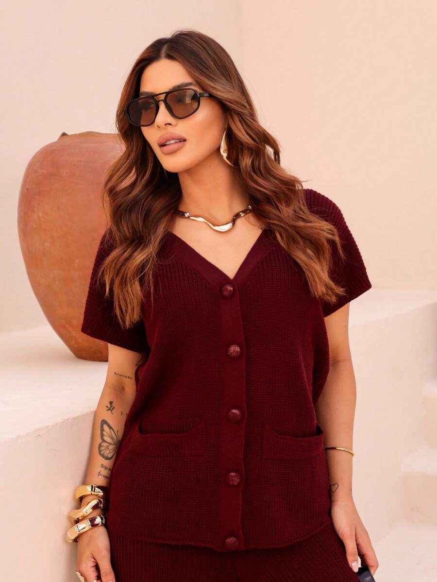 Conjunto Feminino Tricot Calça e Blusa Com Botões e Bolsos