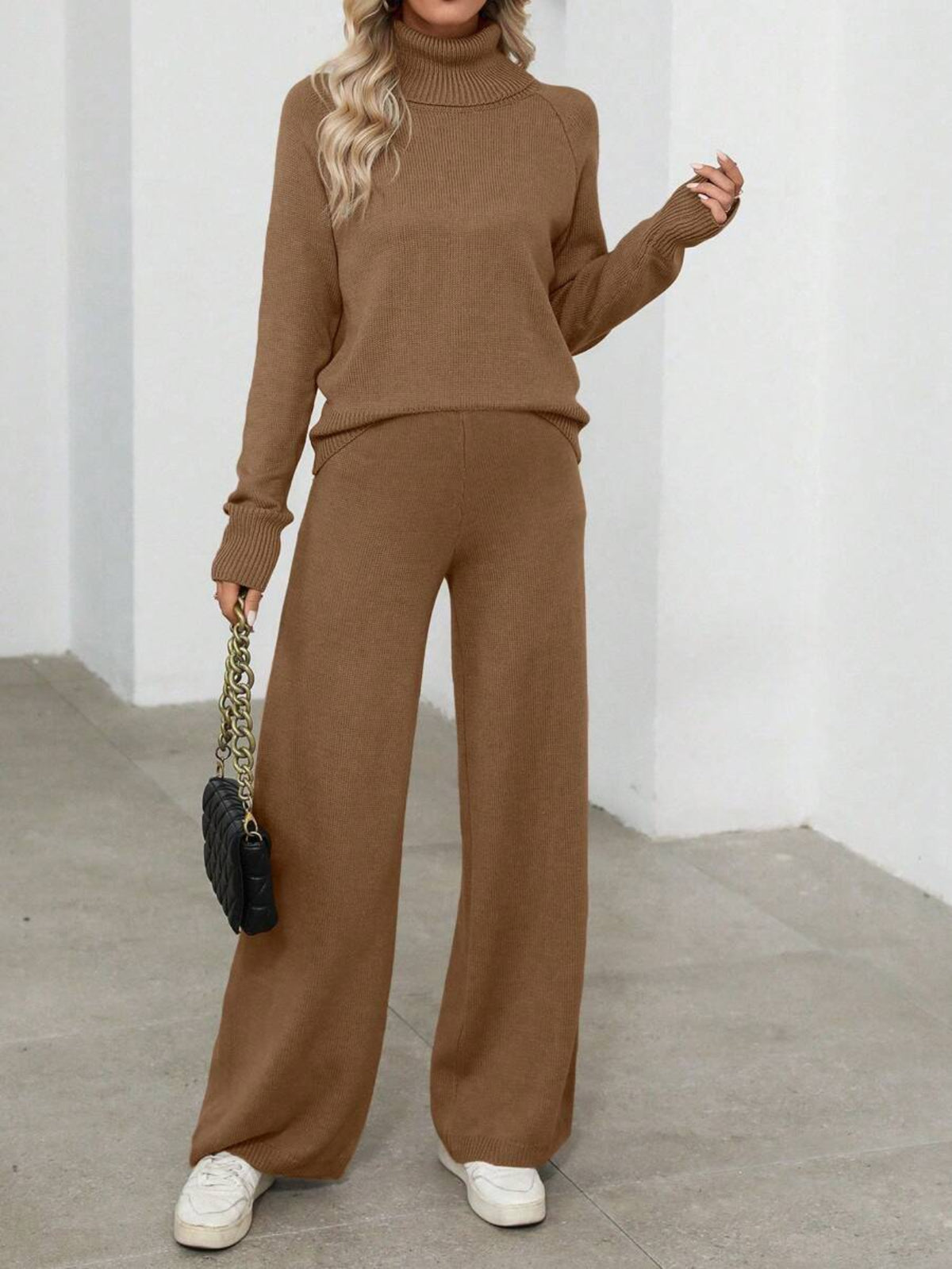 Conjunto Tricot Feminino Casual de Manga Longa e Gola Alta