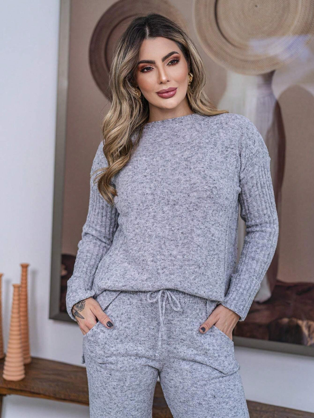 Conjunto Feminino Tricot Mousse Blusa e Calça com Punho