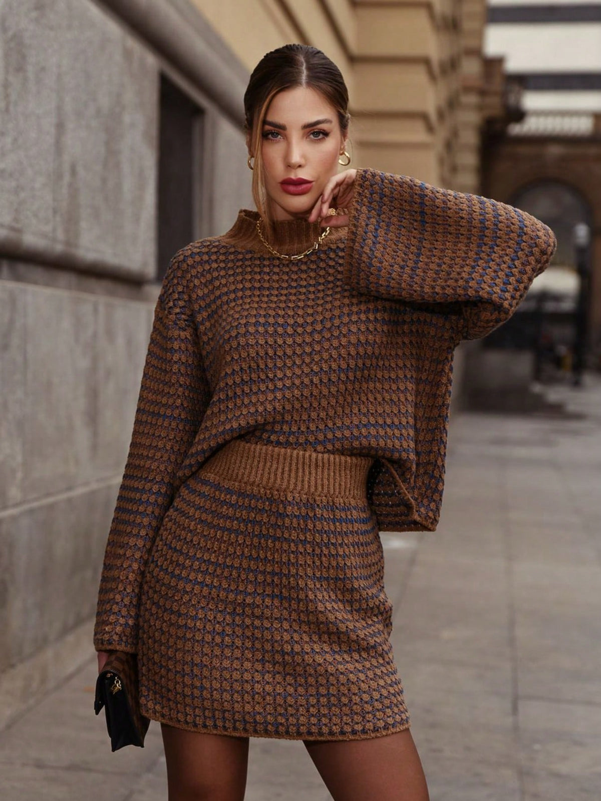 Conjunto Feminino Tricot Saia e Blusa Manga Longa Flare