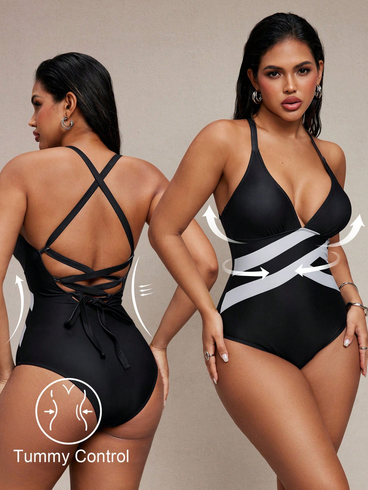 Maiô Sexy Feminino Decote V, Costas Abertas, Preto e Branco