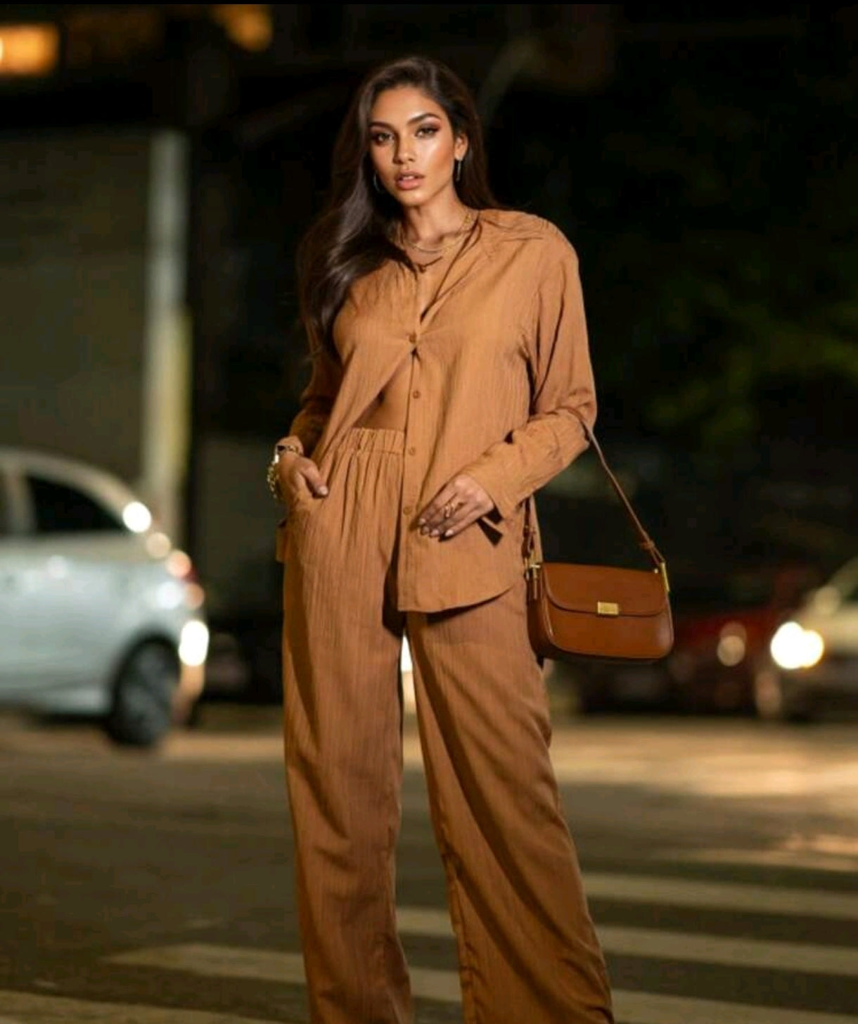 Conjunto Feminino Camisa e Calça Pantalona Texturizado