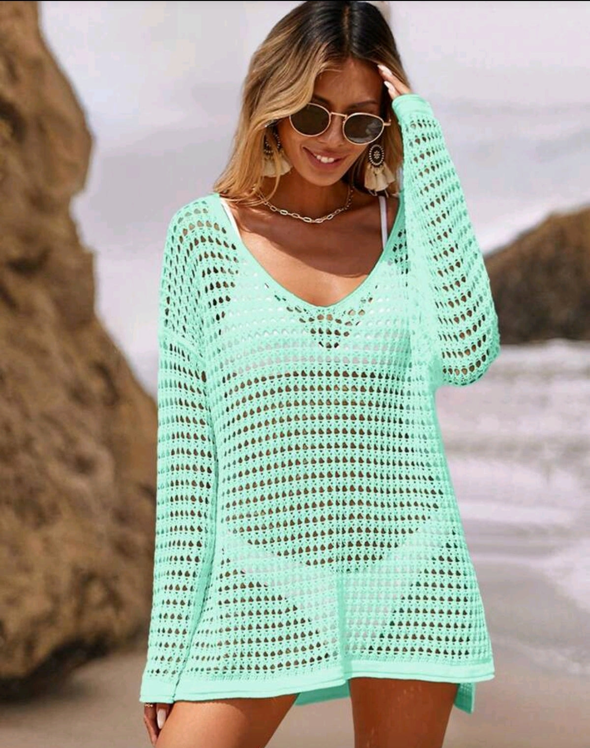 Blusa Canoa Saída de Praia Vazada de Malha Verão