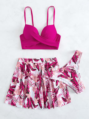 Conjunto Trio Biquini Push Up Estampa Tropical e Saia de Praia