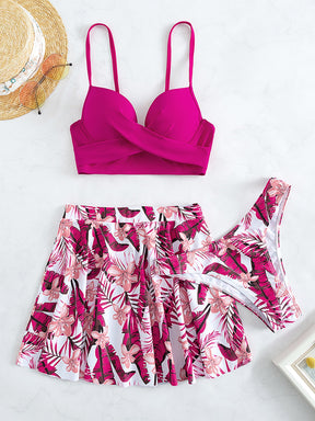 Conjunto Trio Biquini Push Up Estampa Tropical e Saia de Praia