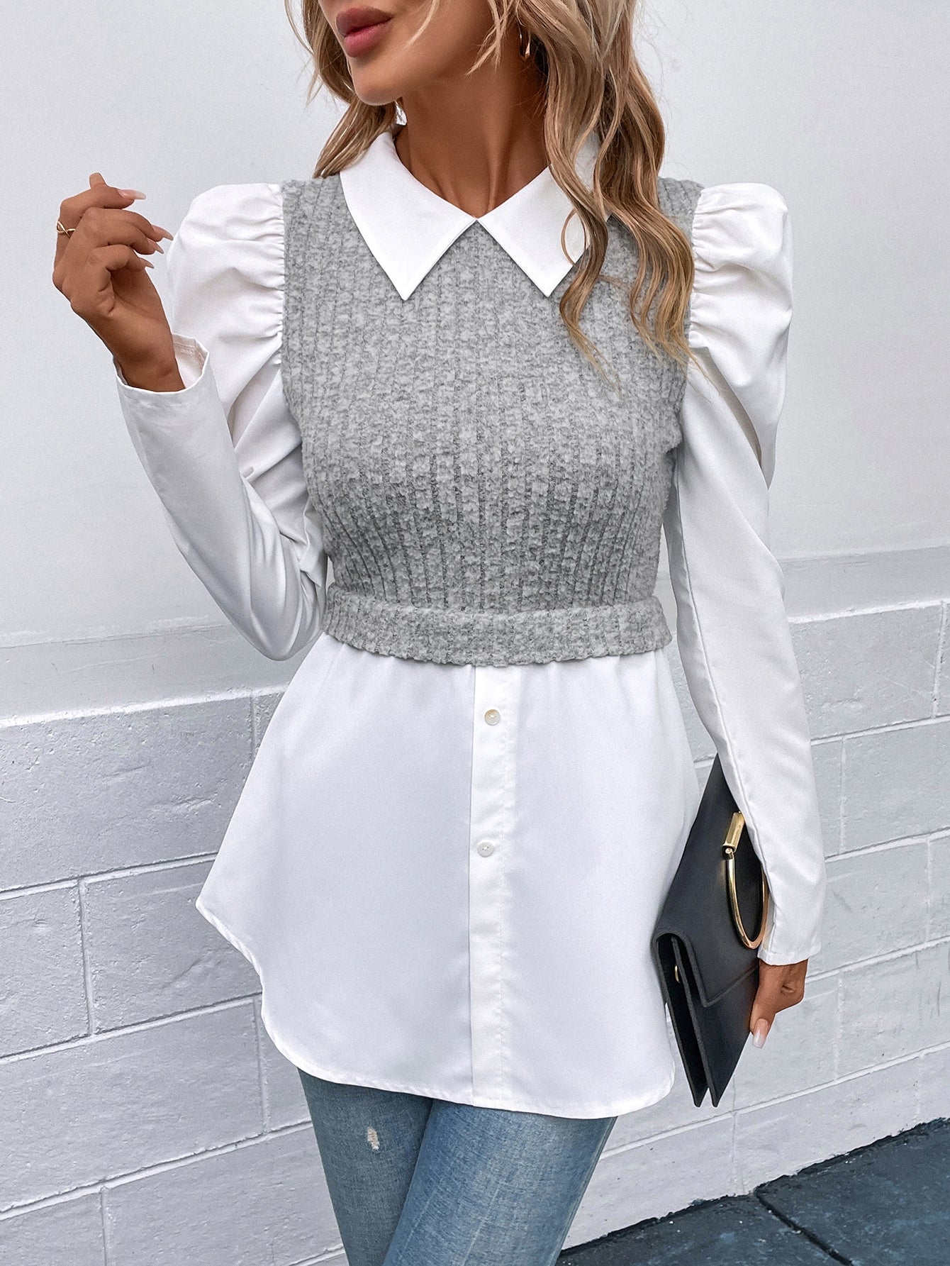 Camisa Peplum com Manga Bufante e Gola