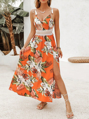 Vestido Feminino Longo Com Renda e Estampa de Flores