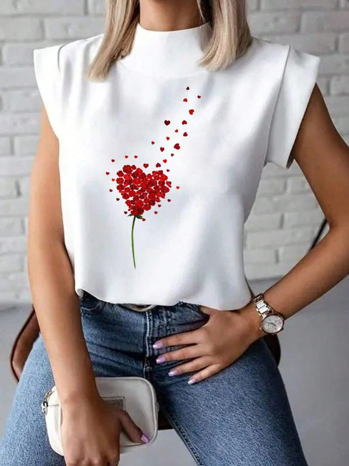 Camiseta Feminina De Manga Curta Estampa De Flores E Corações