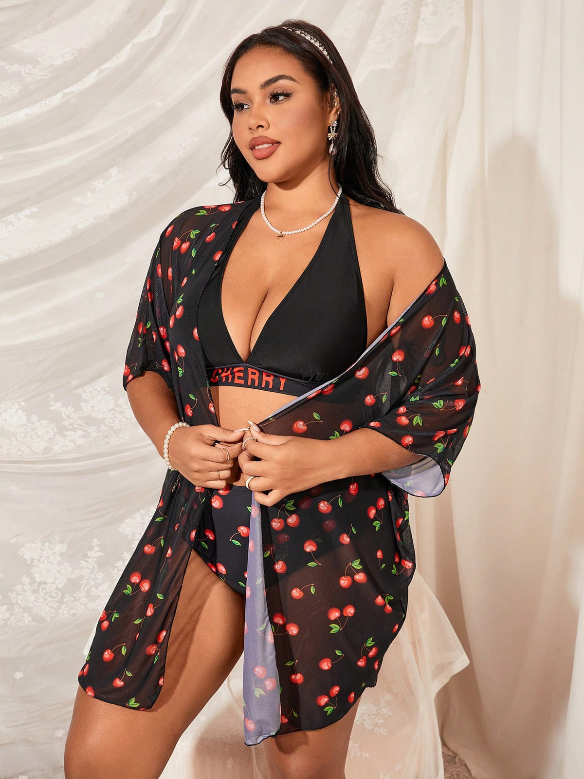 Conjunto De Biquini e Quimono Estampa Cereja Plus Size