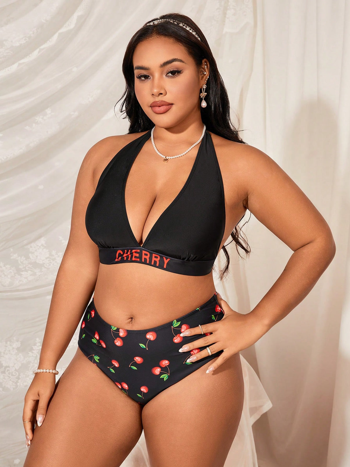 Conjunto De Biquini e Quimono Estampa Cereja Plus Size