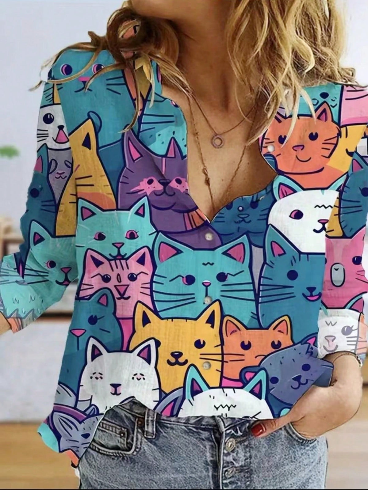 Camisa Feminina de Manga Longa Estampa Cat