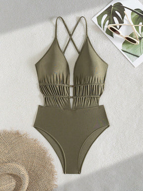 Maiô Decote Halter e Cintura Grapeada Verde Musgo