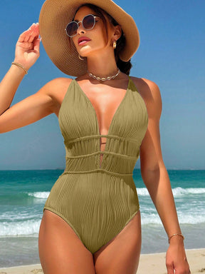 Maiô Decote Halter e Cintura Grapeada Verde Musgo
