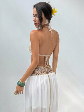 Conjunto Cropped de Tricô com Flor 3D e Saia em Chiffon