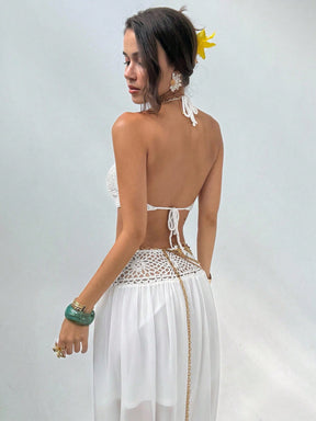 Conjunto Cropped de Tricô com Flor 3D e Saia em Chiffon