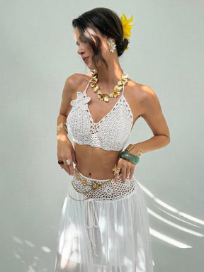 Conjunto Cropped de Tricô com Flor 3D e Saia em Chiffon