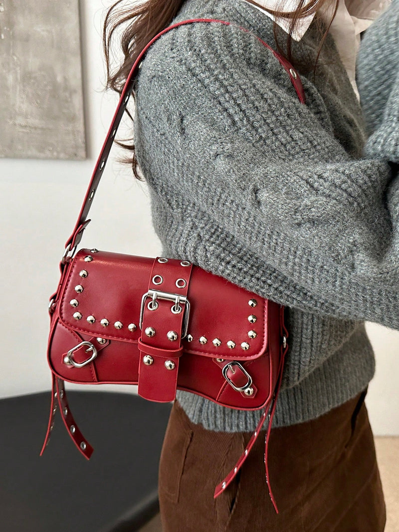 Bolsa de Ombro Feminina Fashion com Tachas e Corrente