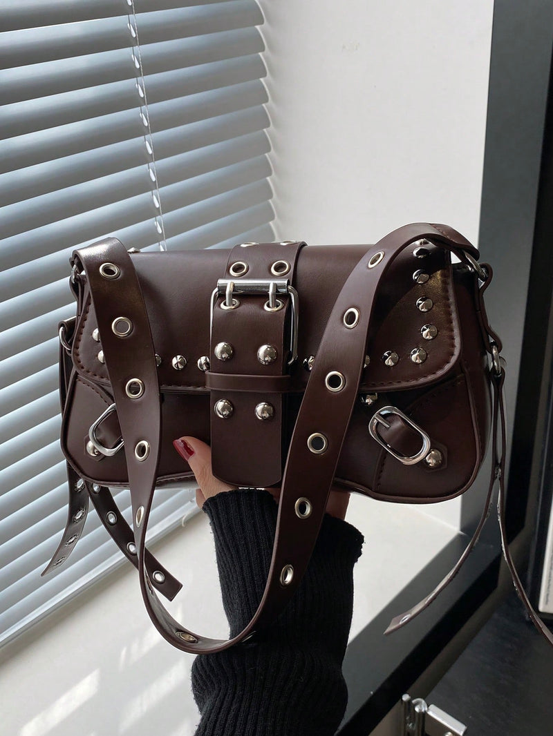 Bolsa de Ombro Feminina Fashion com Tachas e Corrente