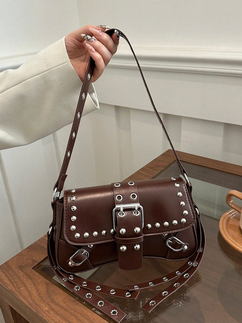 Bolsa de Ombro Feminina Fashion com Tachas e Corrente