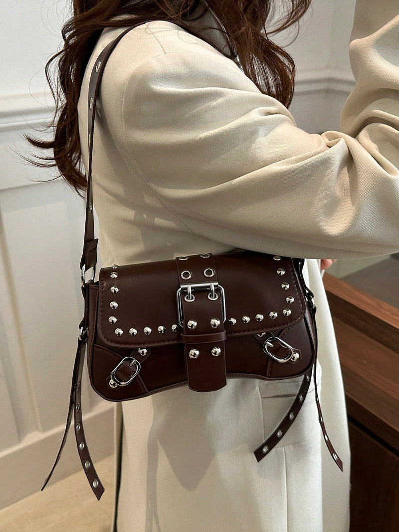 Bolsa de Ombro Feminina Fashion com Tachas e Corrente