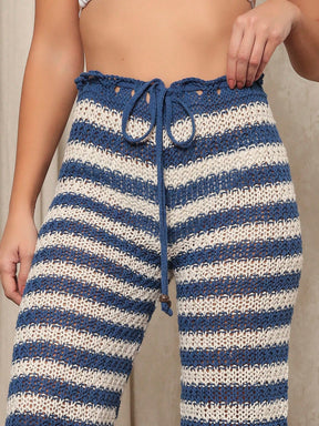 Calça Feminina Saída de Praia Pantalona Tricô Listrado Azul