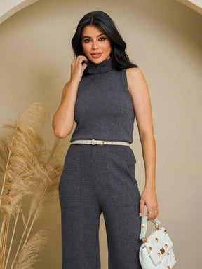 Conjunto Tricot Mousse Feminino Gola Alta e Fenda na Perna