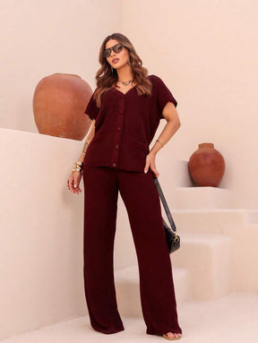 Conjunto Feminino Tricot Calça e Blusa Com Botões e Bolsos