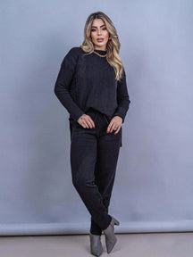 Conjunto Feminino Tricot Mousse Blusa e Calça com Punho