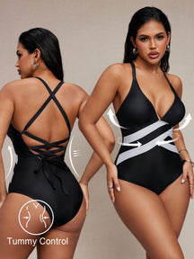 Maiô Sexy Feminino Decote V, Costas Abertas, Preto e Branco