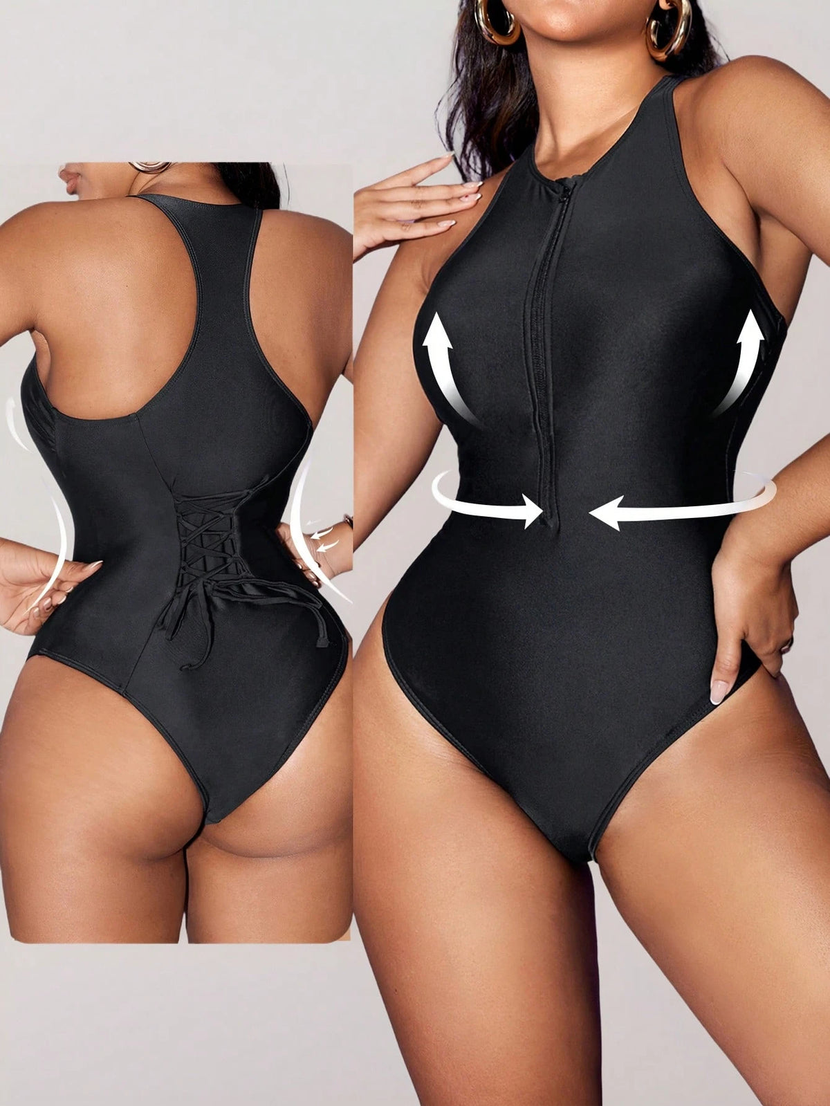 Maiô Modelador Feminino Zìper Fontal e Cordão nas Costas
