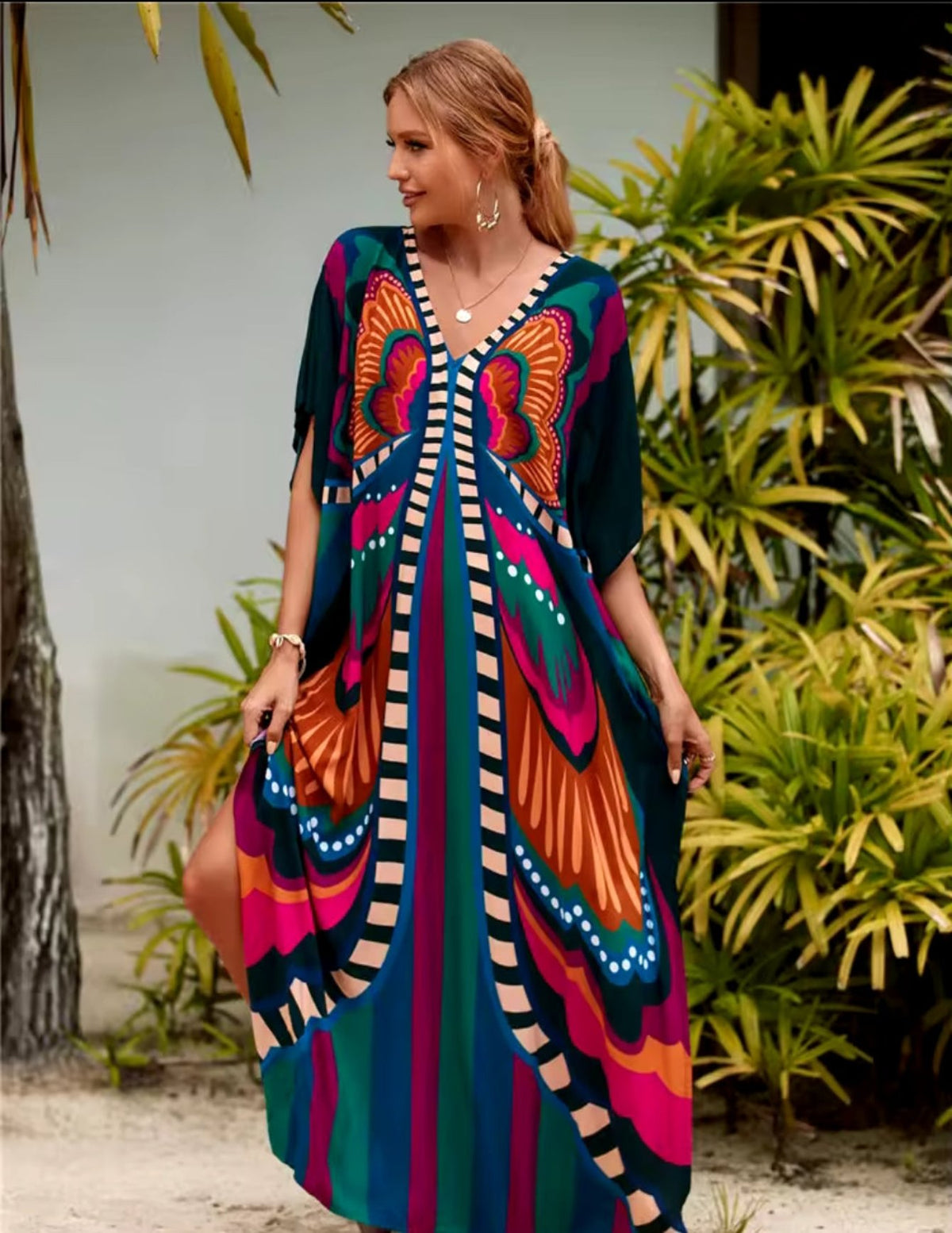 Vestido De Cobertura Kaftan Gola V Maxi Turco