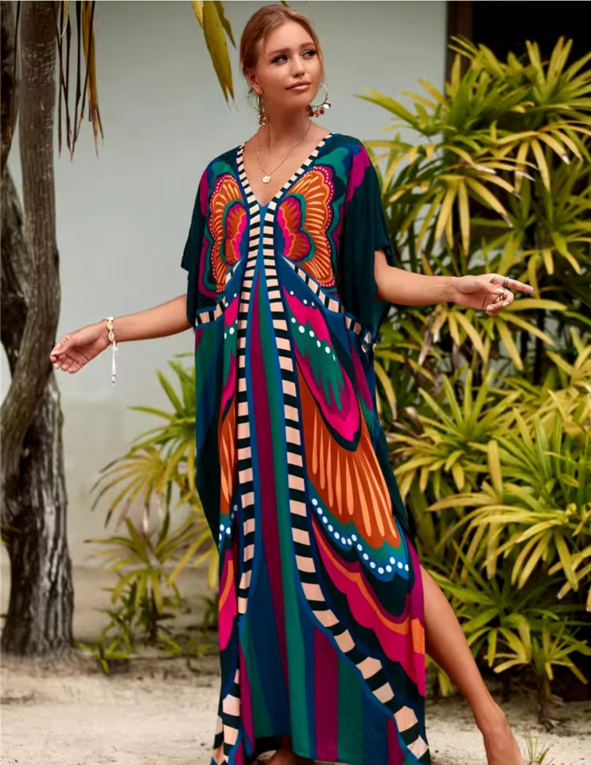 Vestido De Cobertura Kaftan Gola V Maxi Turco