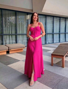 Vestido Longo Casual com Zíper e Fenda