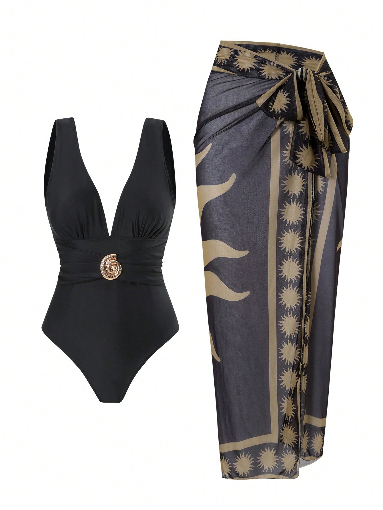 Conjunto 2 Peças: Maiô Preto + Saia Longa Estampado em Tule