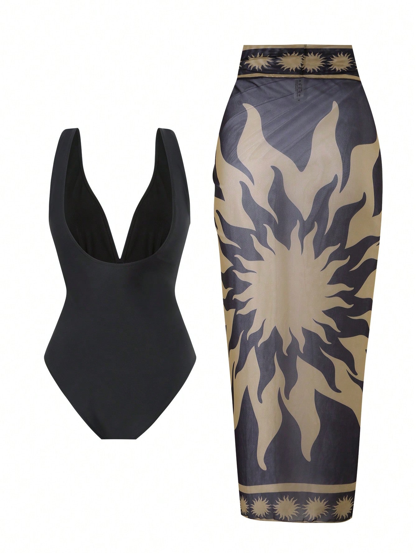 Conjunto 2 Peças: Maiô Preto + Saia Longa Estampado em Tule