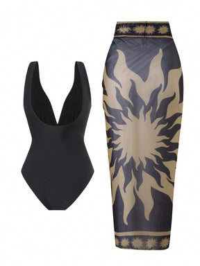 Conjunto 2 Peças: Maiô Preto + Saia Longa Estampado em Tule