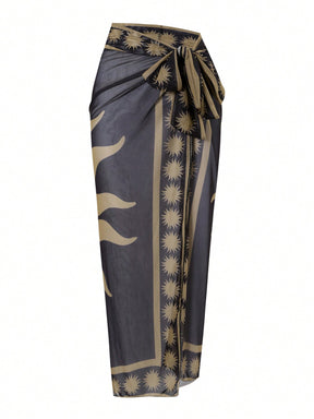 Conjunto 2 Peças: Maiô Preto + Saia Longa Estampado em Tule