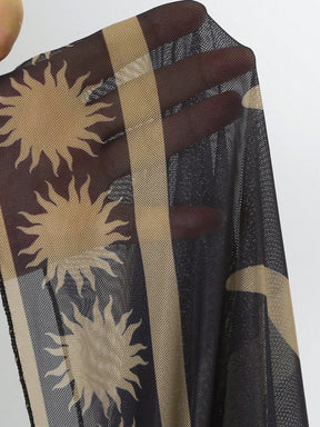 Conjunto 2 Peças: Maiô Preto + Saia Longa Estampado em Tule