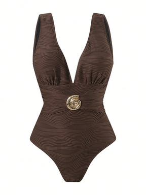 Conjunto 2 Peças: Maiô Marrom + Saia Longa Estampado em Tule