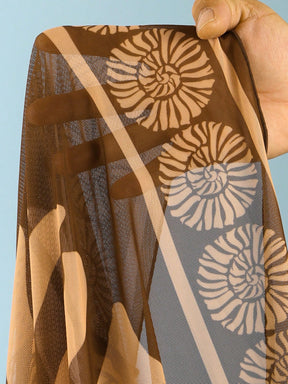 Conjunto 2 Peças: Maiô Marrom + Saia Longa Estampado em Tule