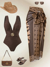 Conjunto 2 Peças: Maiô Marrom + Saia Longa Estampado em Tule