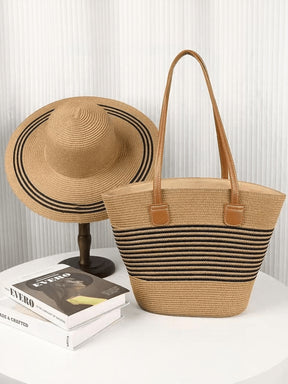 Kit Chapéu de Palha e 1 Bolsa de Palha Conjunto Casual de Férias Praia